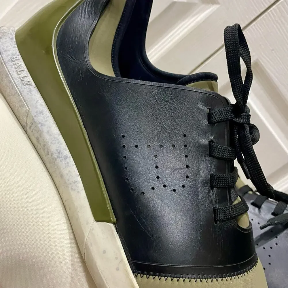 BALLY‎ MEN SHOES NEOPRENE OLIVE GREEN/BLACK LEATHER MADE IN ITALY Sz 13 ICONIC